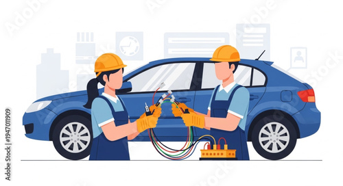 Mechanic and worker fixing car.