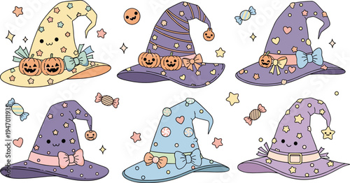 Cute Halloween witch hats collection with pumpkins candies stars bows pastel colors cartoon style festive spooky autumn vector set