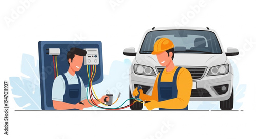 Mechanic and worker with car.