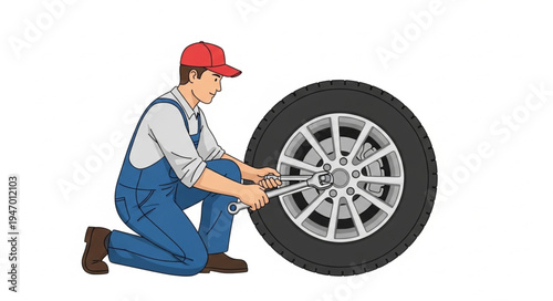 Mechanic changing a car tire.