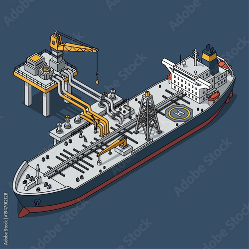 Isometric illustration of an oil tanker connected to an offshore oil platform.