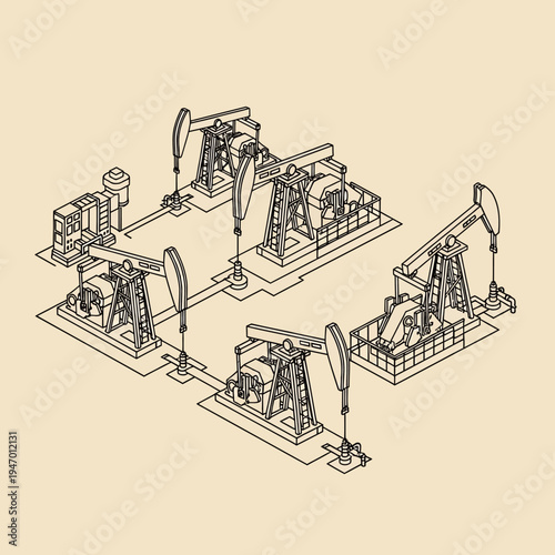 Isometric illustration of oil pumps connected by pipelines, showcasing industrial infrastructure.
