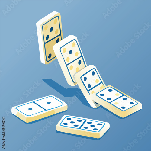 Dominoes falling in a chain reaction on a blue background graphic illustration