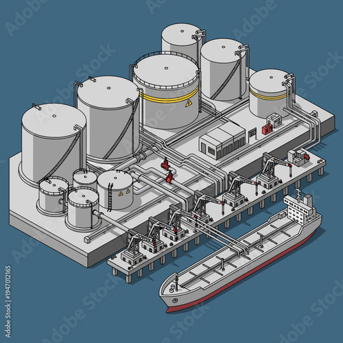 Isometric illustration of an oil refinery with storage tanks and a tanker ship.