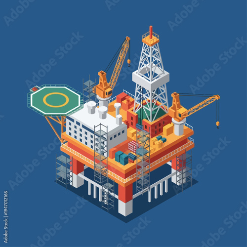 Isometric illustration of an offshore oil rig platform, showing detailed construction and equipment.