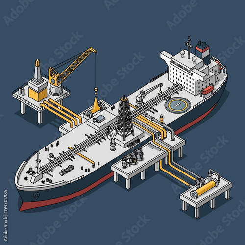 Isometric illustration of an oil tanker connected to offshore platforms for loading.