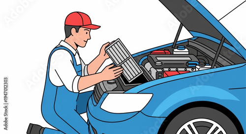 Mechanic changing car air filter.