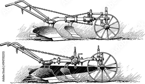 Detailed black and white illustration of traditional moldboard plows, single-bottom and double-bottom agricultural equipment with spoked wheels, farming soil preparation tools artwork