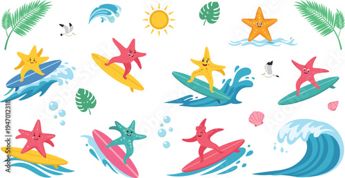 Cute starfish surfing ocean waves cartoon set tropical sea star characters summer beach marine vector illustration collection