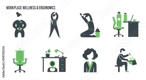 Workplace Wellness & Ergonomics vector icon set featuring 8 flat illustrations of office exercises, healthy habits, ergonomic chairs, and desk setups in dark gray and lime green