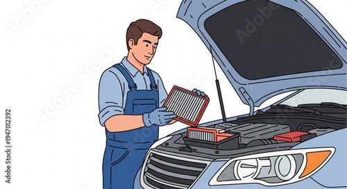 Mechanic changing car air filter.