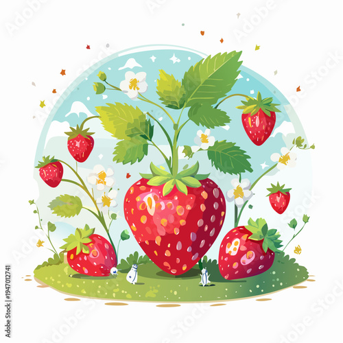 Delightful Illustration of a Bountiful Strawberry Garden Featuring Lush Plants, Juicy Red Berries, and Delicate White Flowers Under a Clear Sky