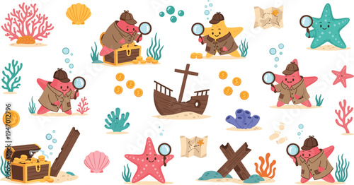 Cute detective starfish underwater treasure hunt cartoon set sea star character searching map gold coins marine vector illustration