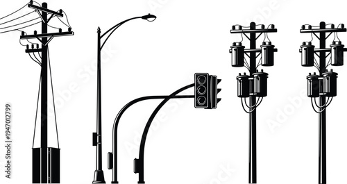 Electric utility poles transformers street lights and traffic signals silhouettes power distribution urban electrical infrastructure vector illustration set