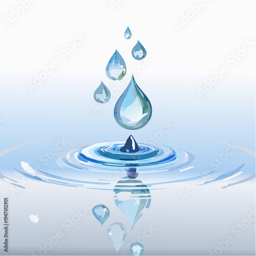 Water drops falling into a clear pool creating ripples, reflecting the sky