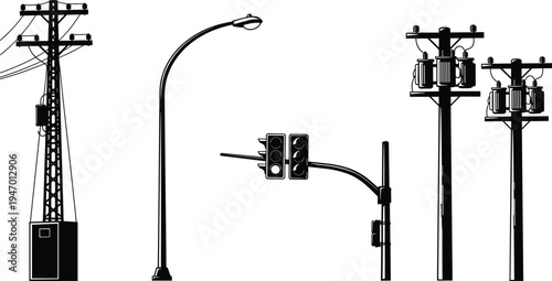 Electric utility poles street light and traffic signal silhouettes power distribution infrastructure urban electrical equipment vector illustration set