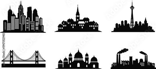 Black and white silhouettes of city skylines and landmarks around the world in one frame