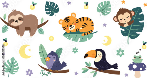 Cute jungle animals sleeping sloth tiger monkey toucan bird frog with tropical leaves moon stars cartoon vector set