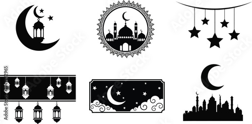 Black and white islamic Ramadan decorations and symbols set mosque silhouettes