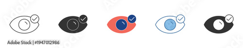 Set of diverse eye and checkmark icons representing confirmed visibility, secure viewing, and verified privacy settings for digital user interfaces and applications
