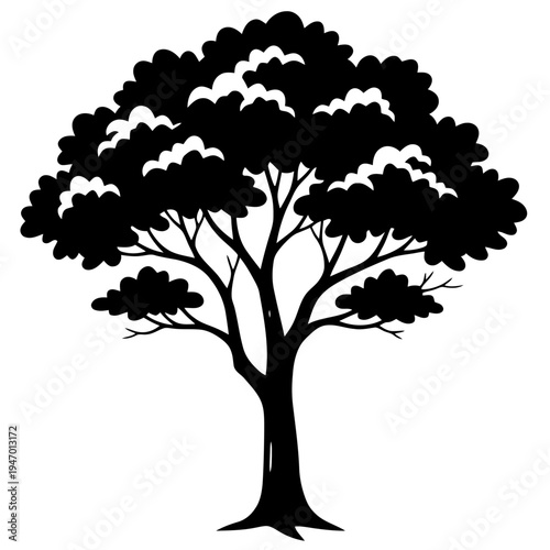 Black silhouette of a tree with dense foliage on transparent background vector