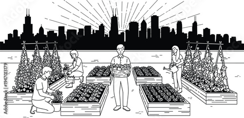 Urban community garden with people planting vegetables in raised beds, sustainable city farming, local food production and eco friendly lifestyle illustration