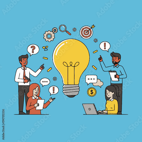 Group of people having a creative brainstorming session with a lightbulb.