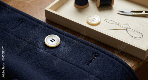 Button repair on navy coat placket with sewing tools