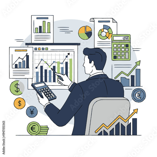 Businessman analyzing financial data and statistics on computer and calculator.