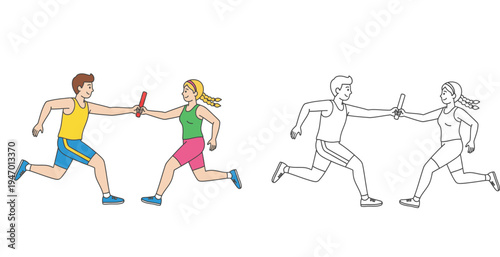 Relay race runners passing baton vector illustration. Male and female athletes teamwork sports concept. Color and black line outline coloring page design.