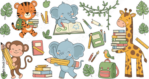 Cute jungle animals studying with books pencils backpack tiger elephant monkey giraffe school cartoon vector illustration set
