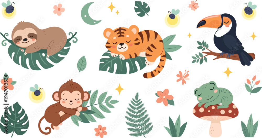 Fototapeta premium Cute jungle animals sleeping sloth tiger monkey toucan frog with tropical leaves moon stars cartoon vector illustration set
