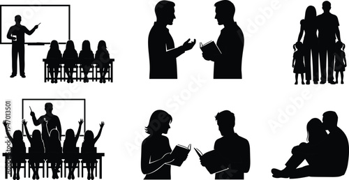 Education and family silhouettes set, teacher with students in classroom, parents with children and learning people isolated vector illustration