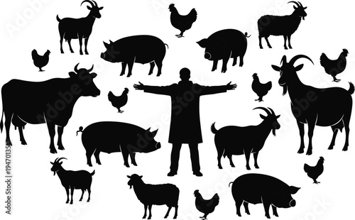 Farm animals silhouettes set with farmer, cow, pig, goat and chicken, agriculture livestock farming vector illustration collection isolated on white background