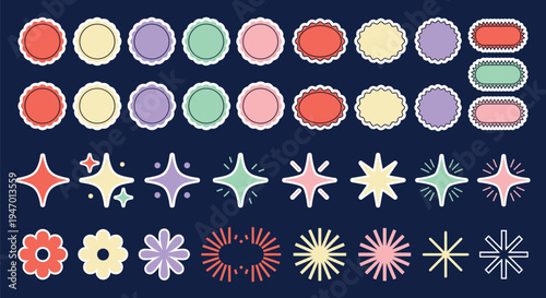 Retro stars and badges stickers. Vector vintage elements for trendy 90s design. Graphic 70s aesthetics.