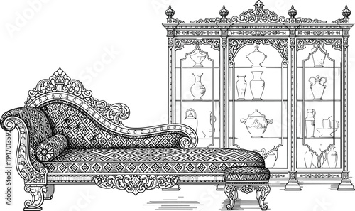 Luxurious antique chaise lounge with ornate carvings, vintage decorative cushions, classical display cabinet showcasing pottery vases, opulent interior furniture 