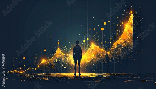巨大な黄金のグラフを見上げるシルエットの人物のシンプルでクリーンなイラスト（投資・仮想通貨）