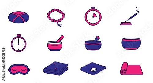  flat line vector icons for meditation, yoga, and wellness, featuring a yoga mat, cushion, mala beads, stopwatch, incense, mortar and pestle, sleep mask