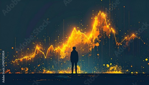 巨大な黄金のグラフを見上げるシルエットの人物のシンプルでクリーンなイラスト（投資・仮想通貨）