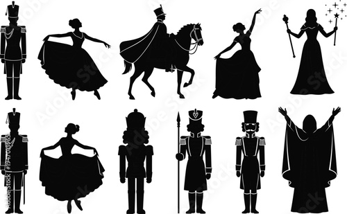 Nutcracker ballet silhouettes collection with dancers, toy soldiers, prince on horse and fairy characters, classic Christmas ballet vector illustration isolated on white background
