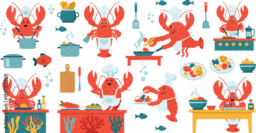 Cute lobster chef cooking seafood cartoon set crab character preparing food kitchen recipe marine restaurant vector illustration collection