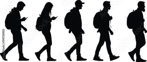 People walking with backpacks silhouettes collection, travelers using smartphones and walking travelers isolated vector illustration set