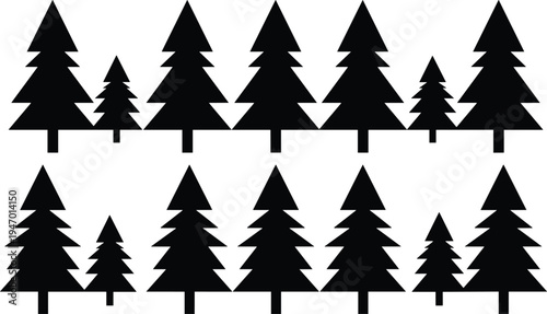 Pine tree silhouettes collection, evergreen forest fir trees isolated, simple conifer woodland icons for winter nature and landscape design