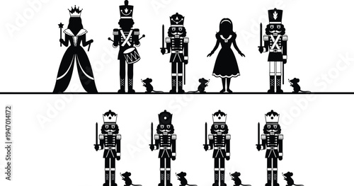 Nutcracker soldiers, queen and girl silhouette collection with mice characters, classic Christmas ballet theme vector illustration isolated on background