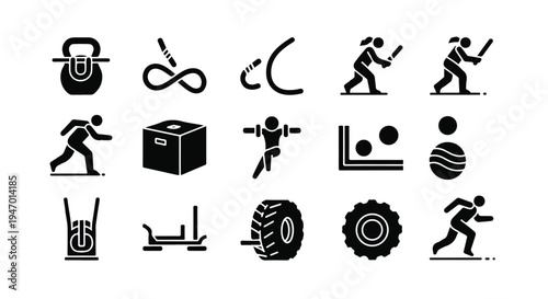 black glyph vector icons depicting various fitness, gym, and sports activities including kettlebell, jump rope, battle rope, baseball, running, box jump, tire flip