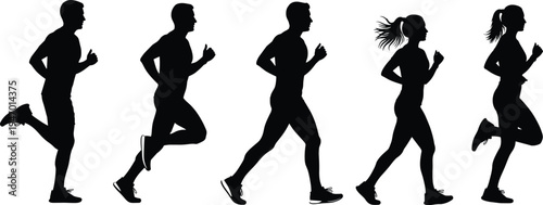 Running silhouettes vector illustration, athletic people jogging, fitness exercise artwork, sports training design, human motion stride, health lifestyle concept, competitive marathon runners artwork