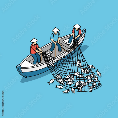 Three fishermen in conical hats pulling a fishing net full of fish on a boat.