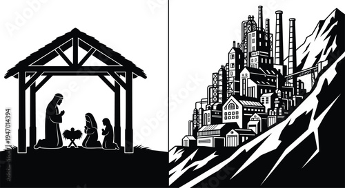 Silhouette nativity scene with manger baby Jesus, traditional Christian shelter figures, contrasted industrial complex mountainside smokestacks, 