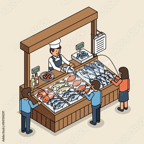 Isometric illustration of a fish market stall with customers and a vendor selling seafood.