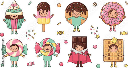 Cute kids in sweet dessert costumes cupcake donut popsicle candy chocolate waffle kawaii cartoon characters vector illustration set